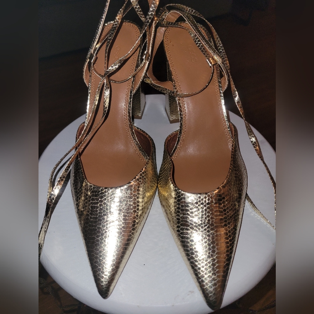 ASOS Gold Snake Skin Block Heel Strap - Picture 2 of 11